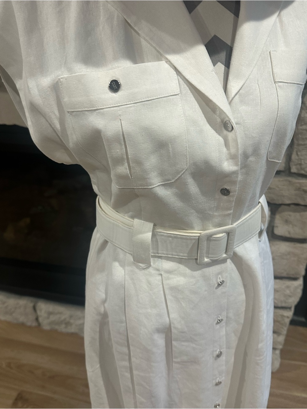 DKNY notched collar white short-sleeve shirt dress belted with chest pockets 10 - Picture 5 of 9